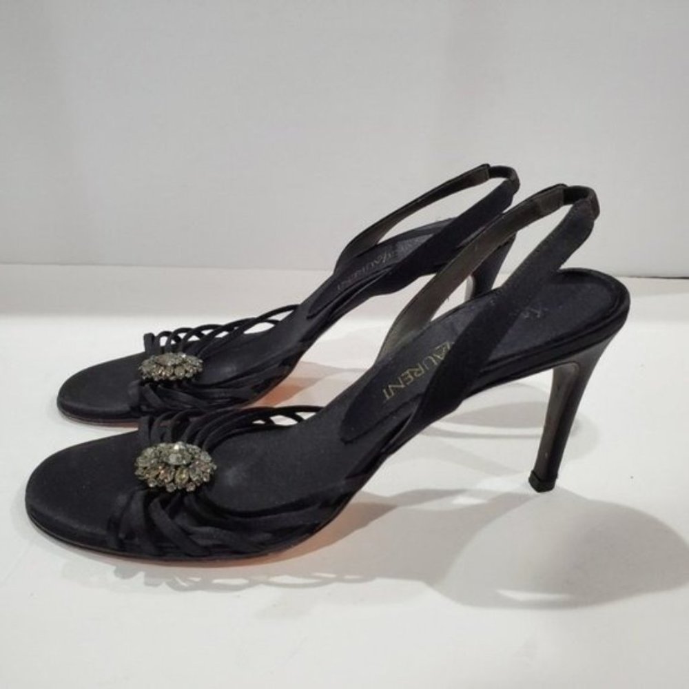 Ysl black satin womens evening strappy heels and diamond motif size 8
